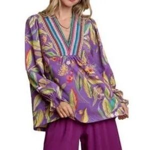 Umgee Large Boho Embroidered Floral Top NWT